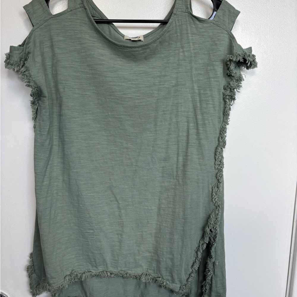 Umgee Sage Green Cold-Shoulder Fringe Tunic